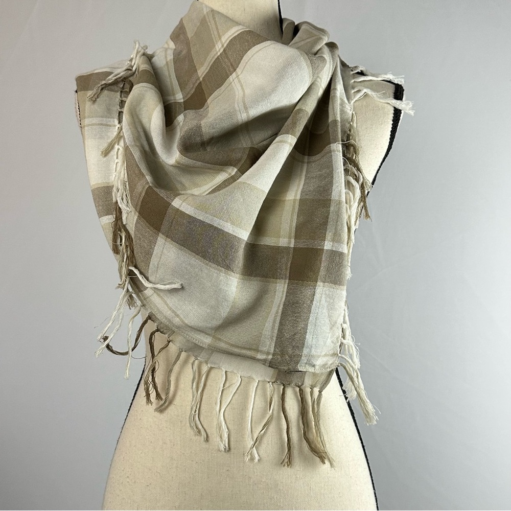 EDDIE BAUER plaid fringed neutral toned 100% cotton scarf - OS